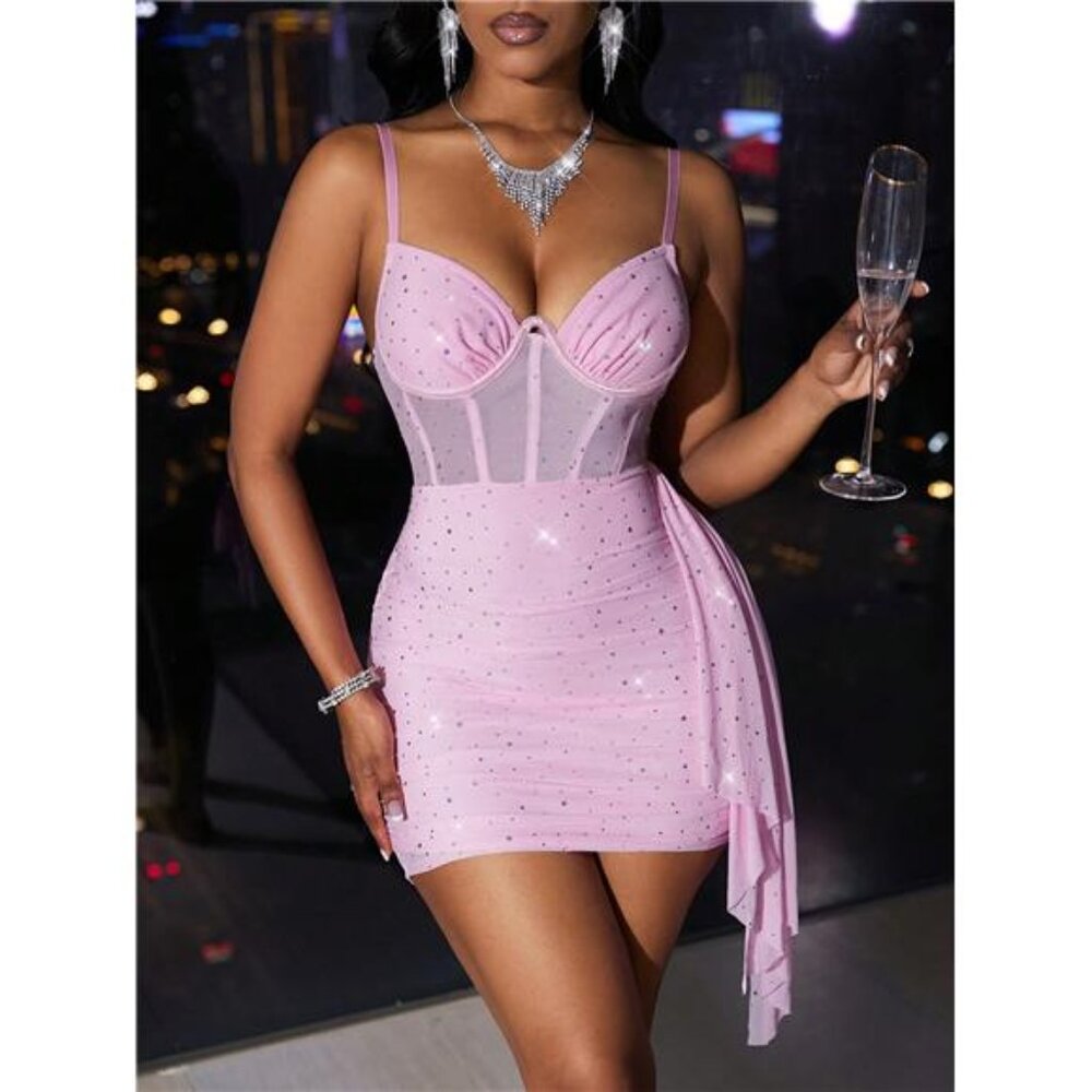 Elegant Chiffon Ruched Bodice Crystal Embellished Sleeveless Draped Side Party